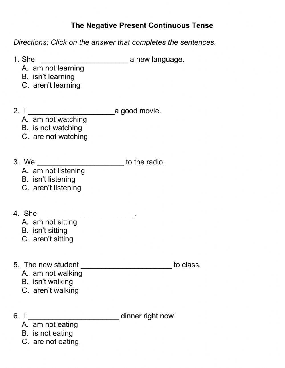 Negative Present Continuous worksheet Live Worksheets