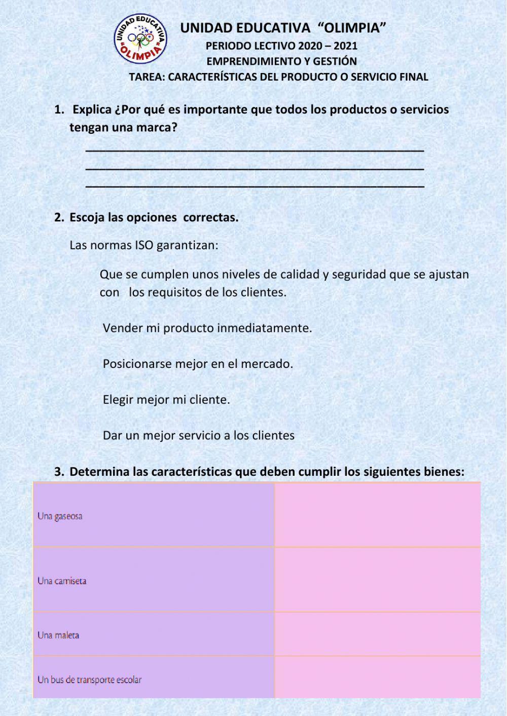 Características del producto o servicio final