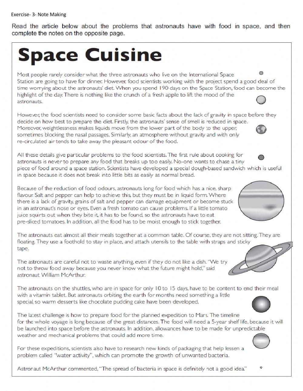 Space cuisine (Note Making)