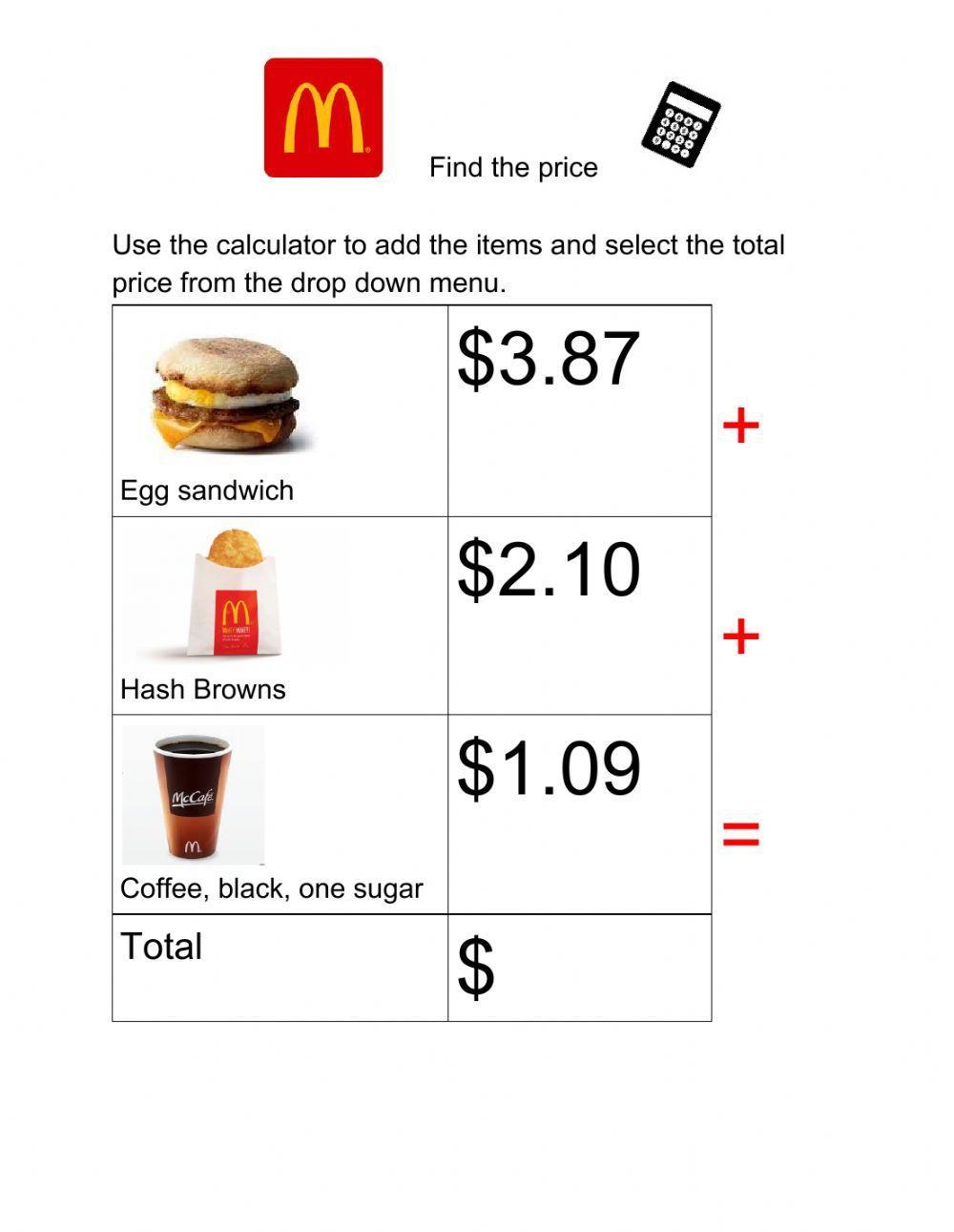 McDonald's breakfast Find the Price