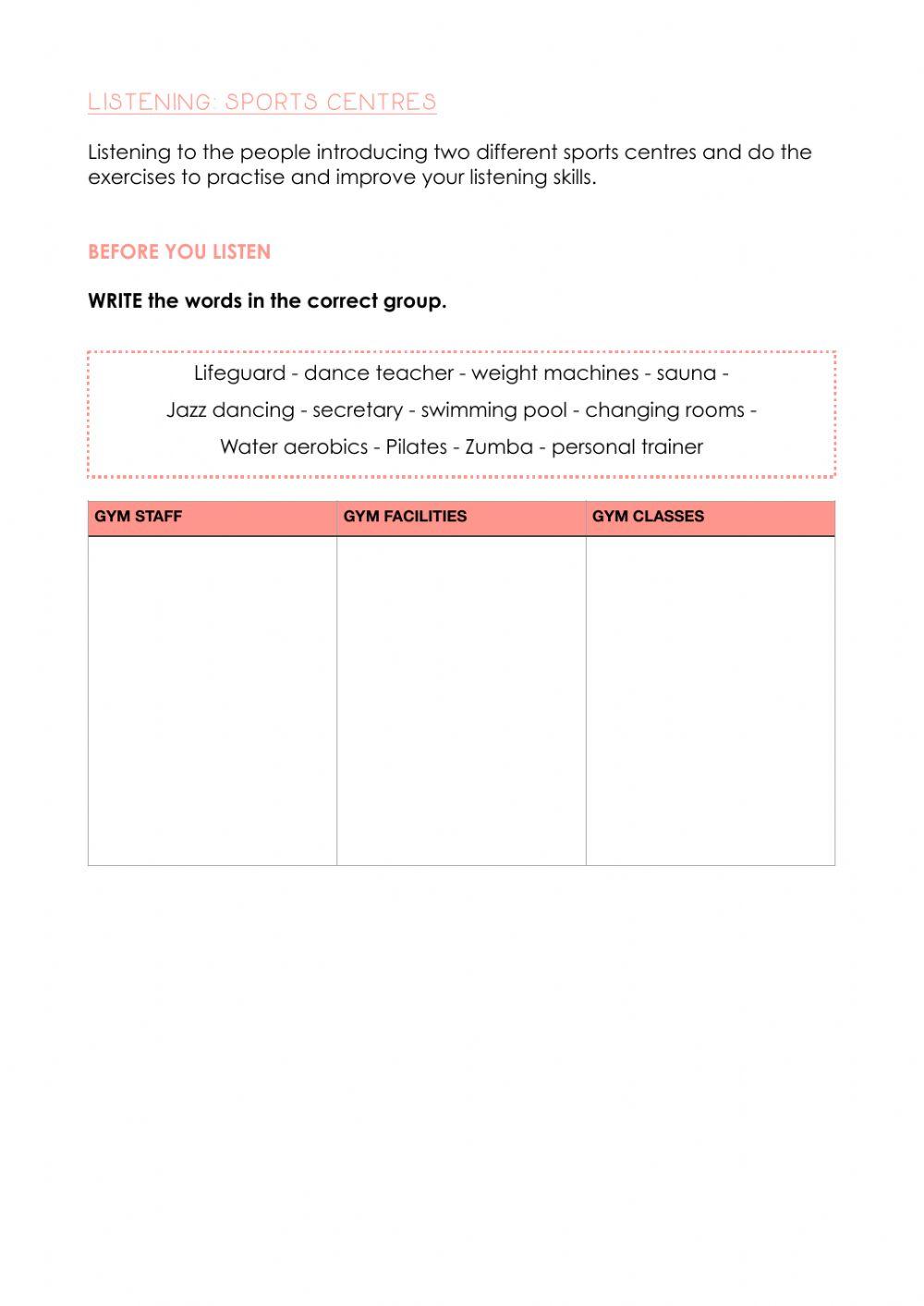 Sports centres vocabulary