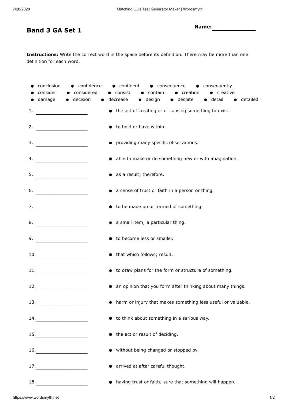Band 3 GA set 1 part 2 definitions