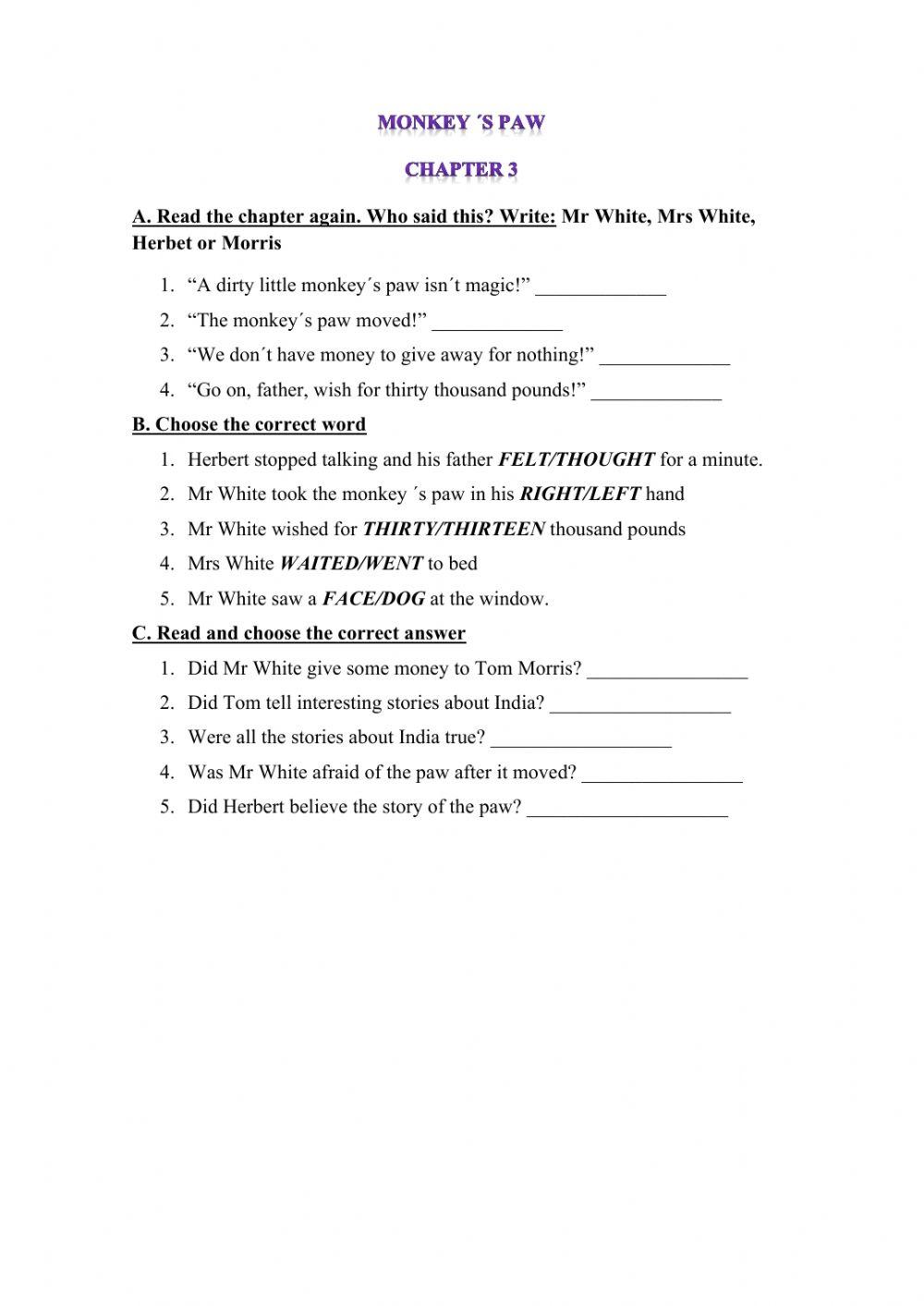 The Monkey #39 s Paw Worksheets