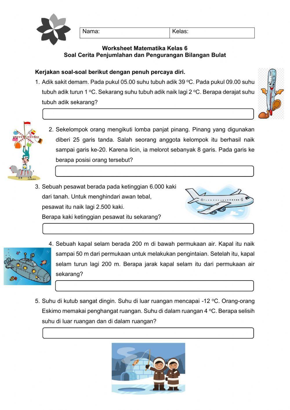 Soal Cerita penjumlahan dan pengurangan bilangan bulat