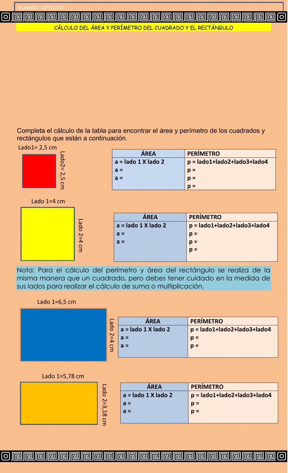 Cálculo de área y perímetro del cuadrado y rectángulo