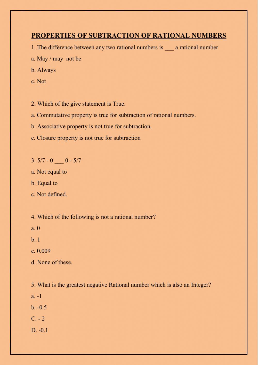 Properties of Subtraction of Rational numbers worksheet | Live Worksheets