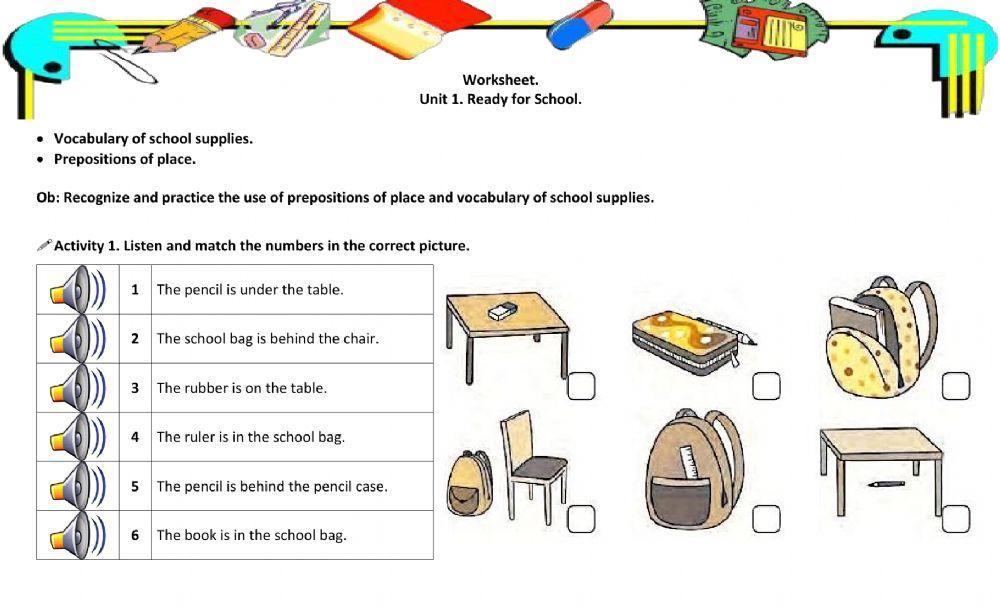 Prepositions of place and school supplies