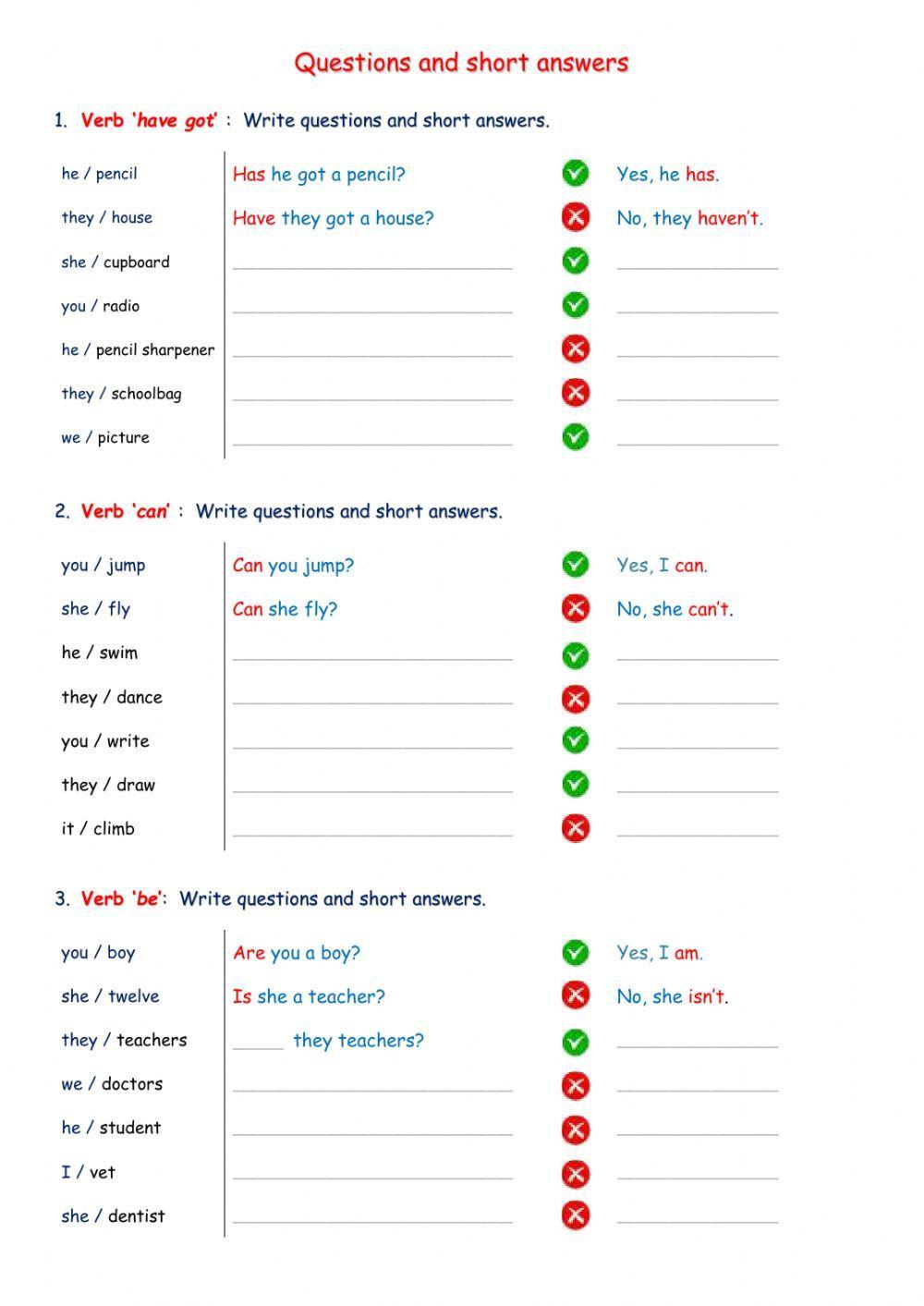 Questions short answers (have got-can-be)