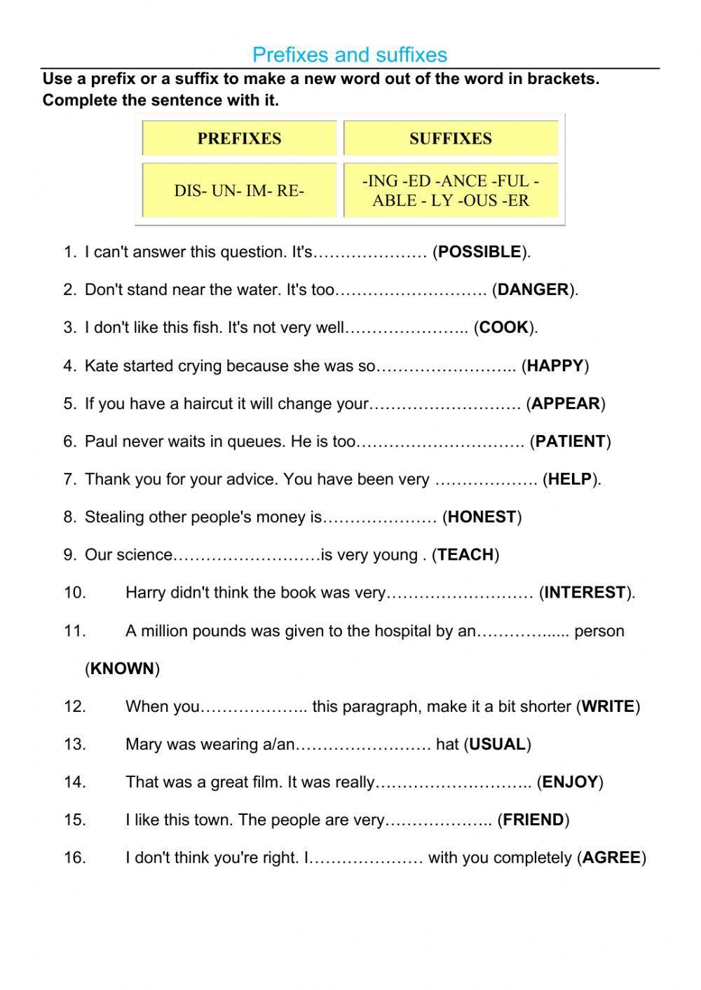 Prefixes and suffixes