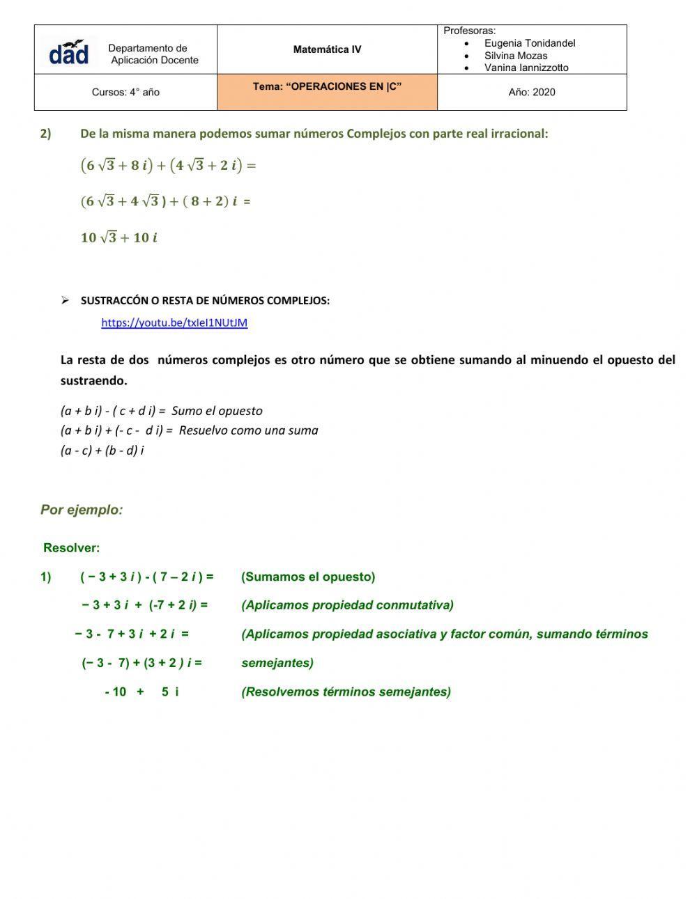 SUMA Y MULTIPLICACIÓN DE NÚMEROS COMPLEJOS