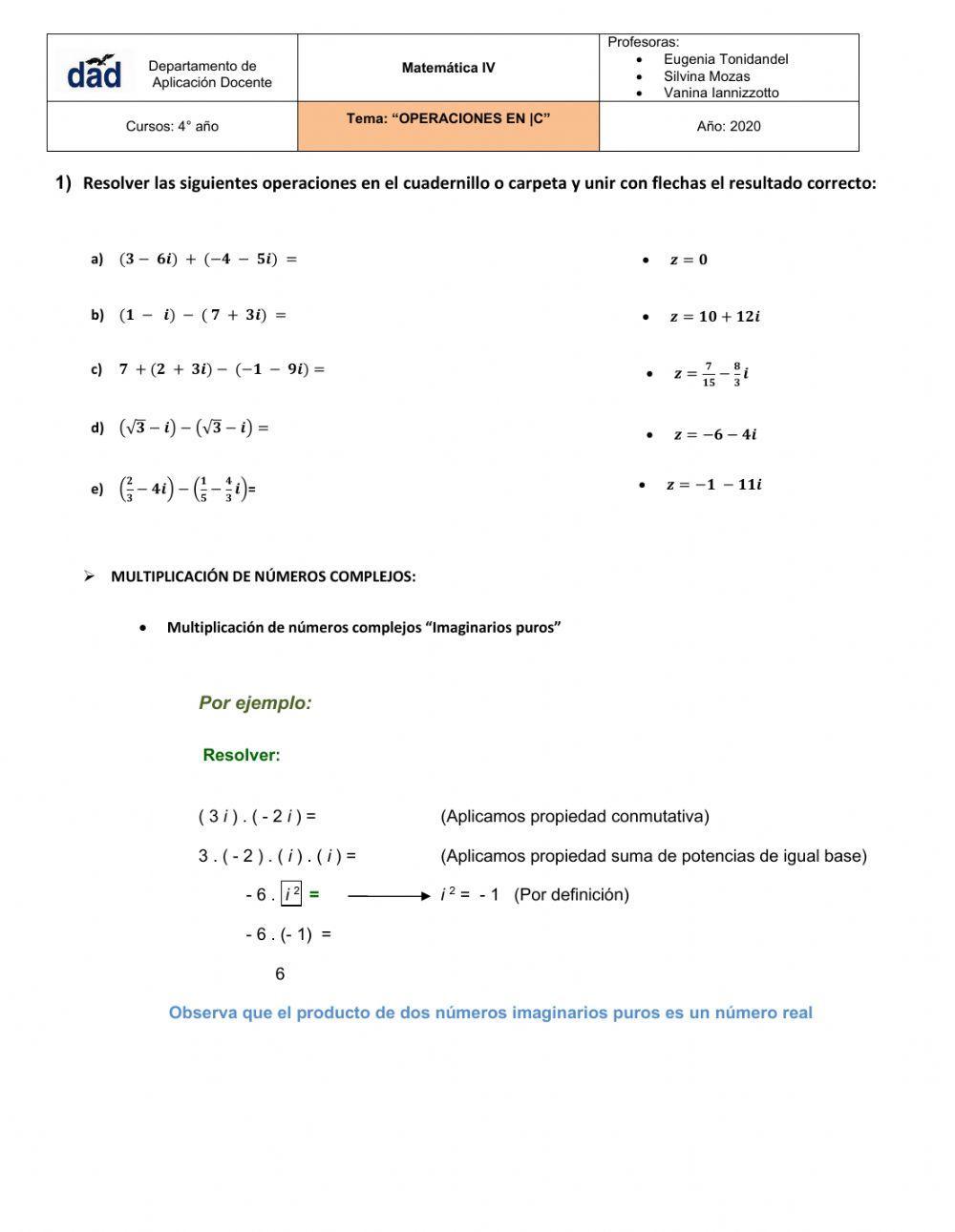 SUMA Y MULTIPLICACIÓN DE NÚMEROS COMPLEJOS
