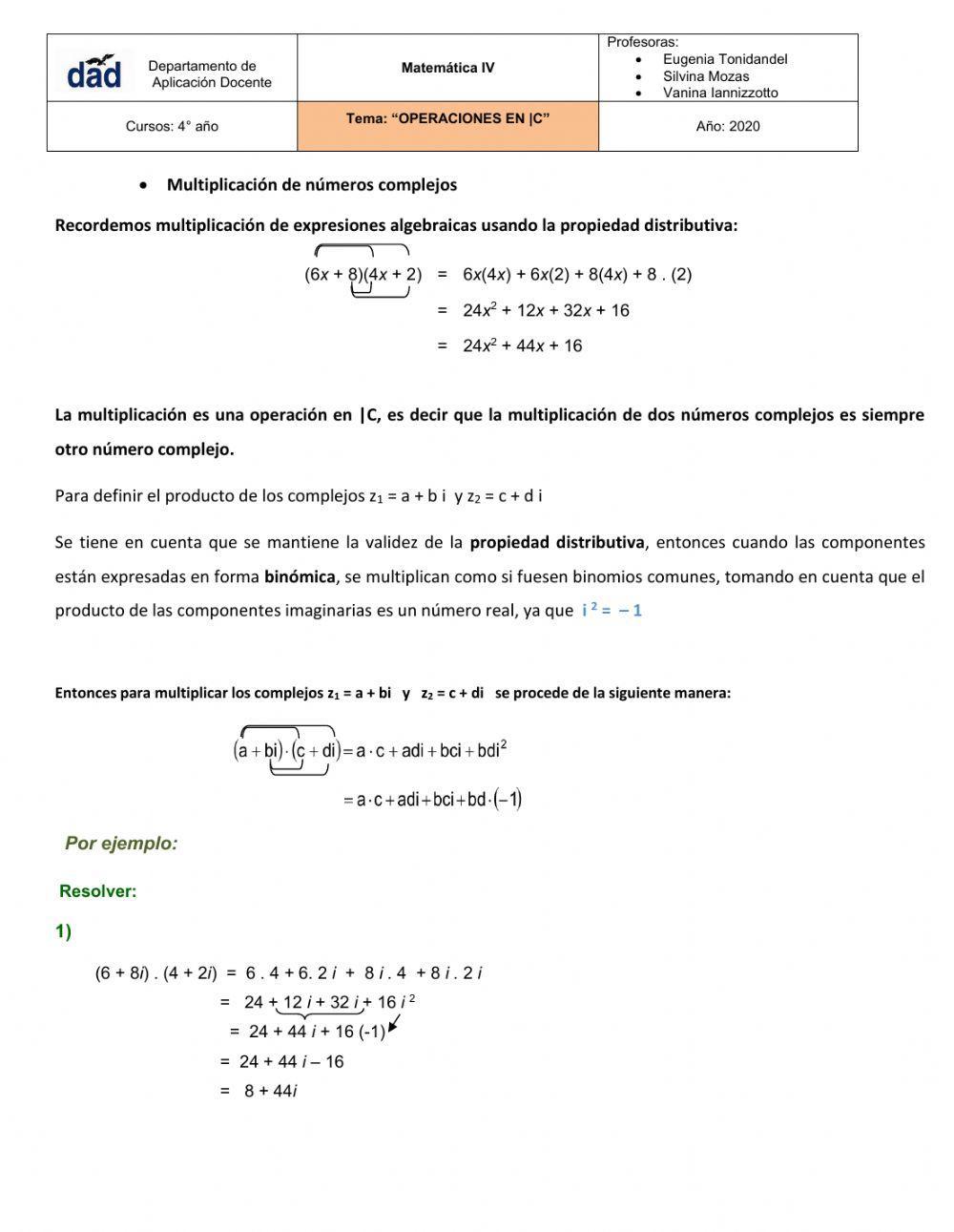 SUMA Y MULTIPLICACIÓN DE NÚMEROS COMPLEJOS