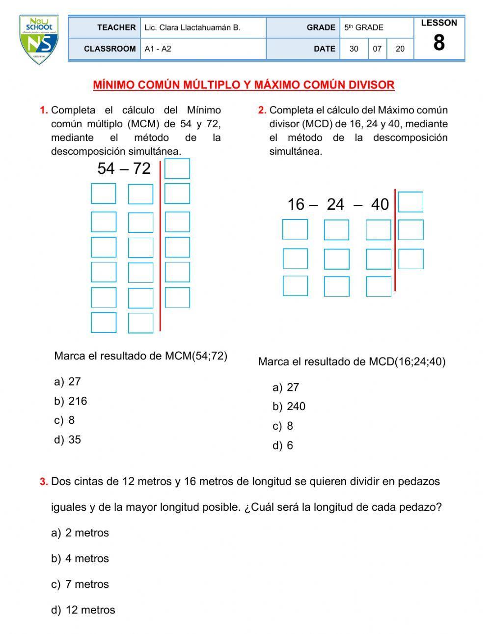 Minimo común múltiplo y máximo común divisor