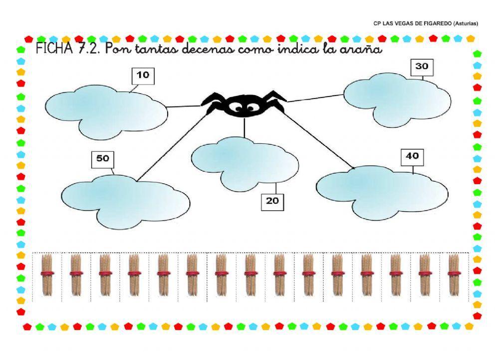 Elige el número de decenas según el número que nos indica la araña