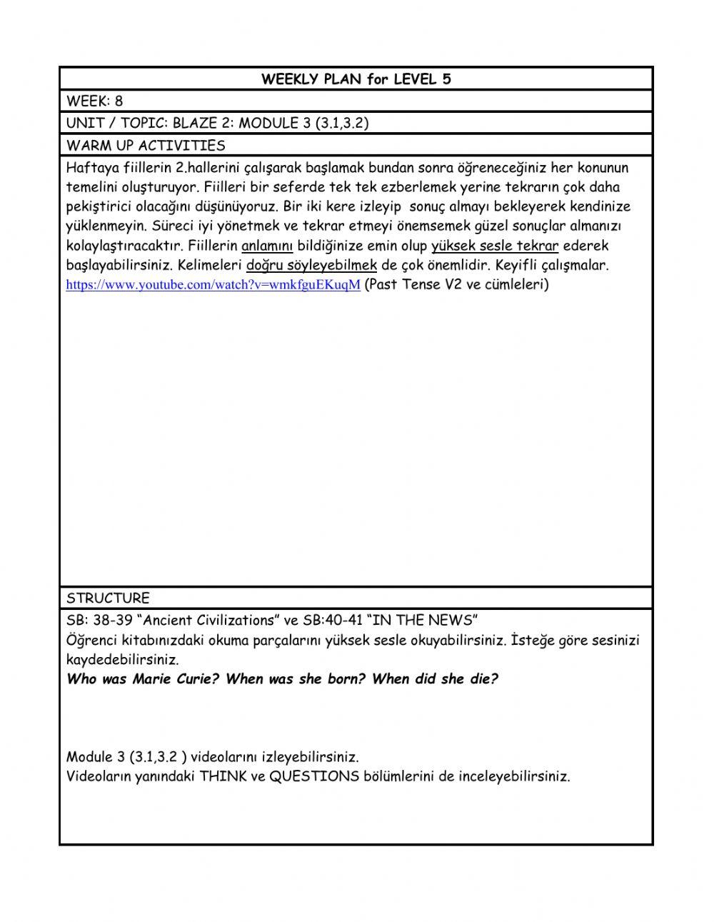 Level 5 weekly plan 8