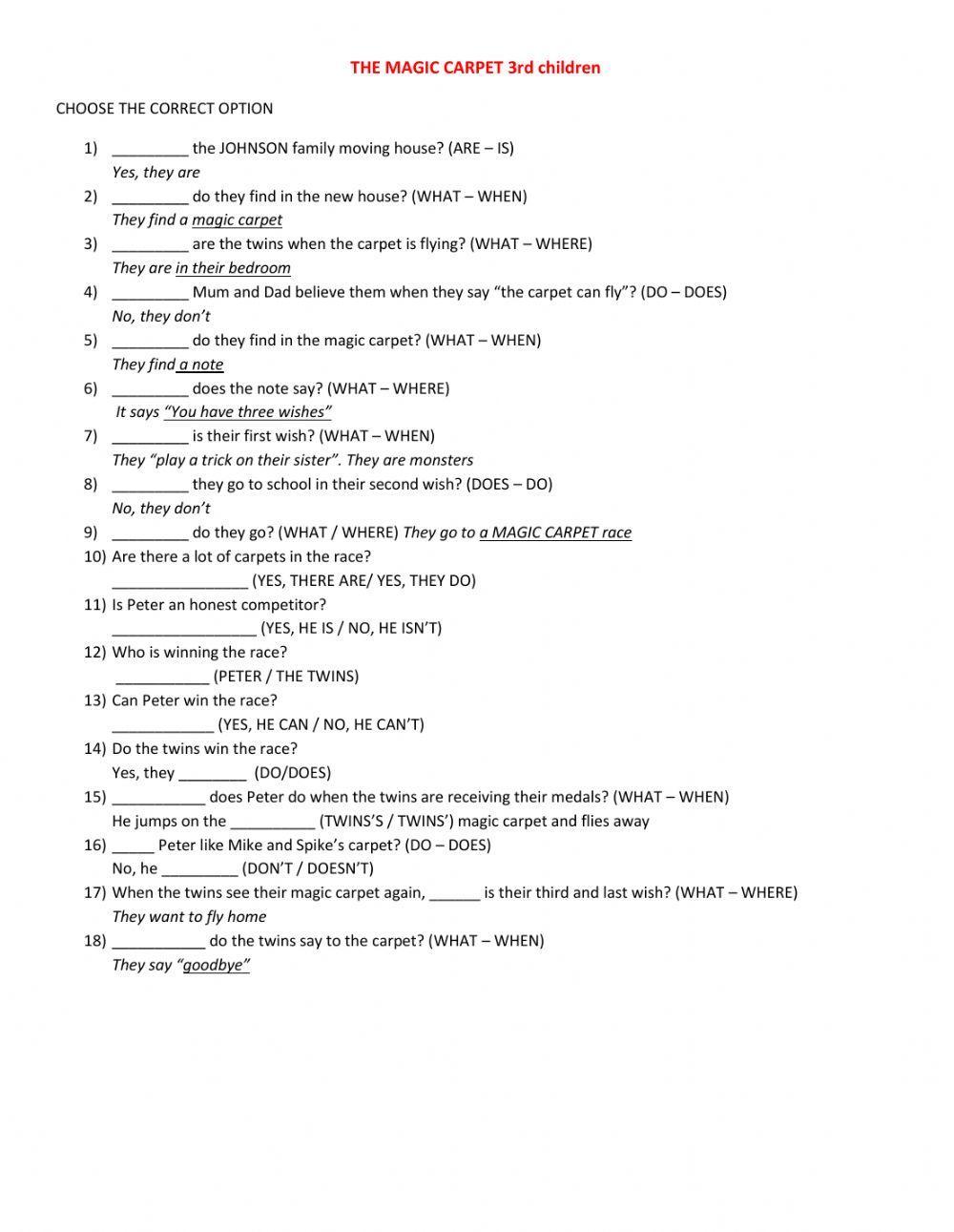 The magic carpet -  choose the correct option