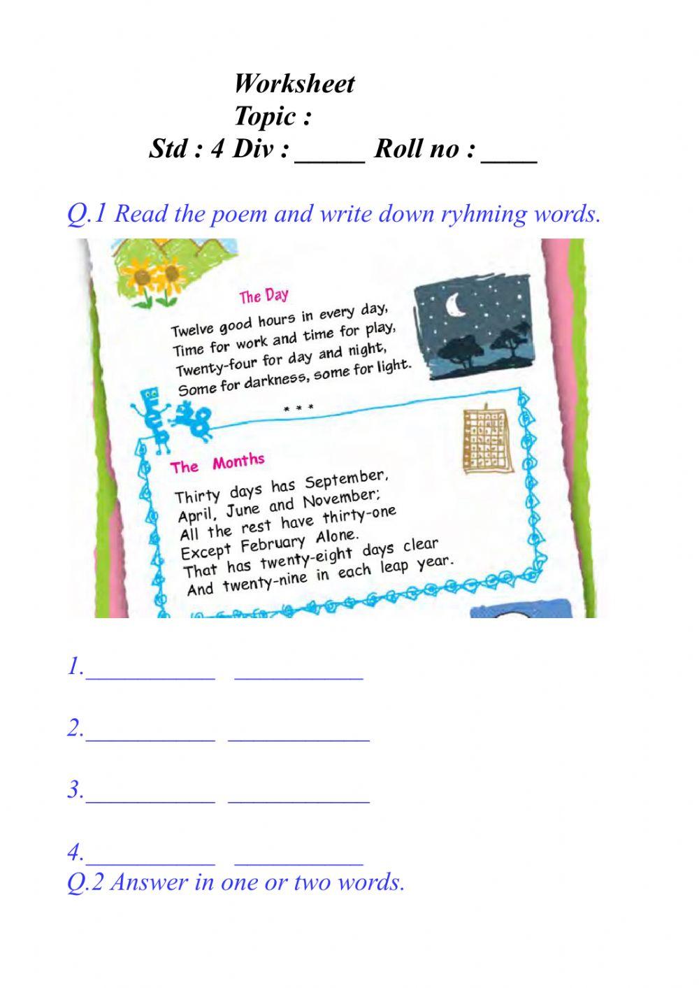 Time poem worksheet | Live Worksheets