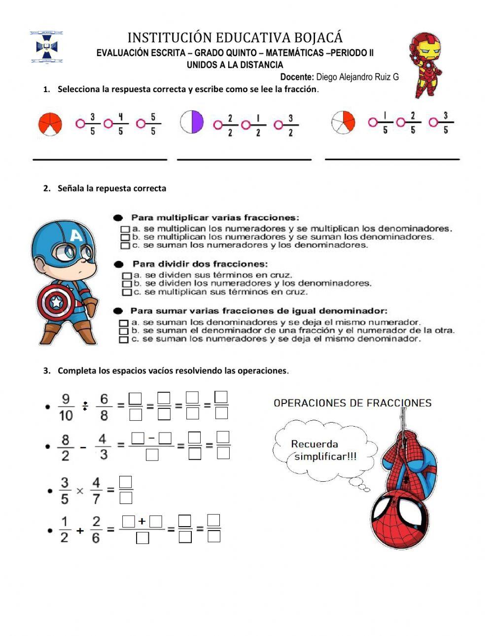 Evaluación de fracciones Grado 5to