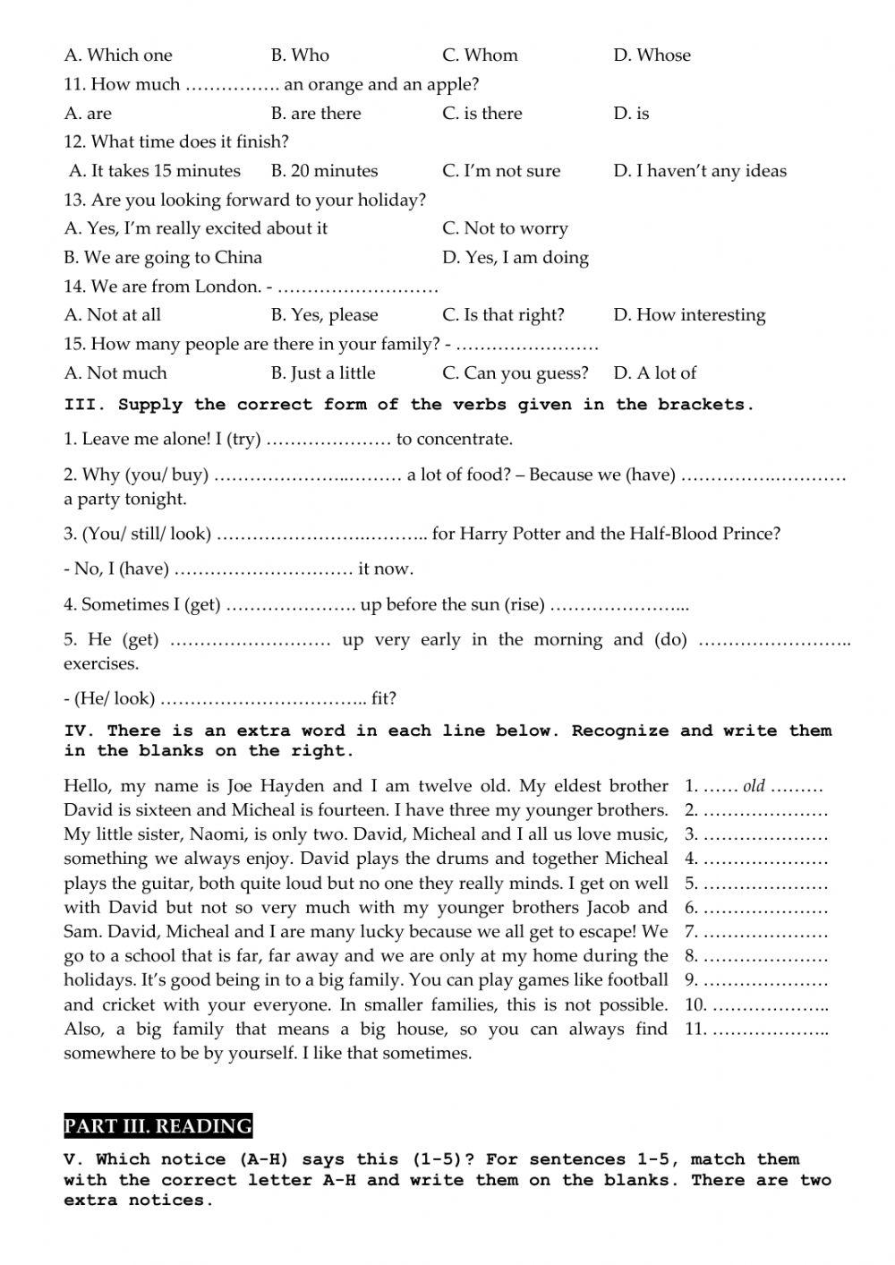 Placement test Advanced Grade 5