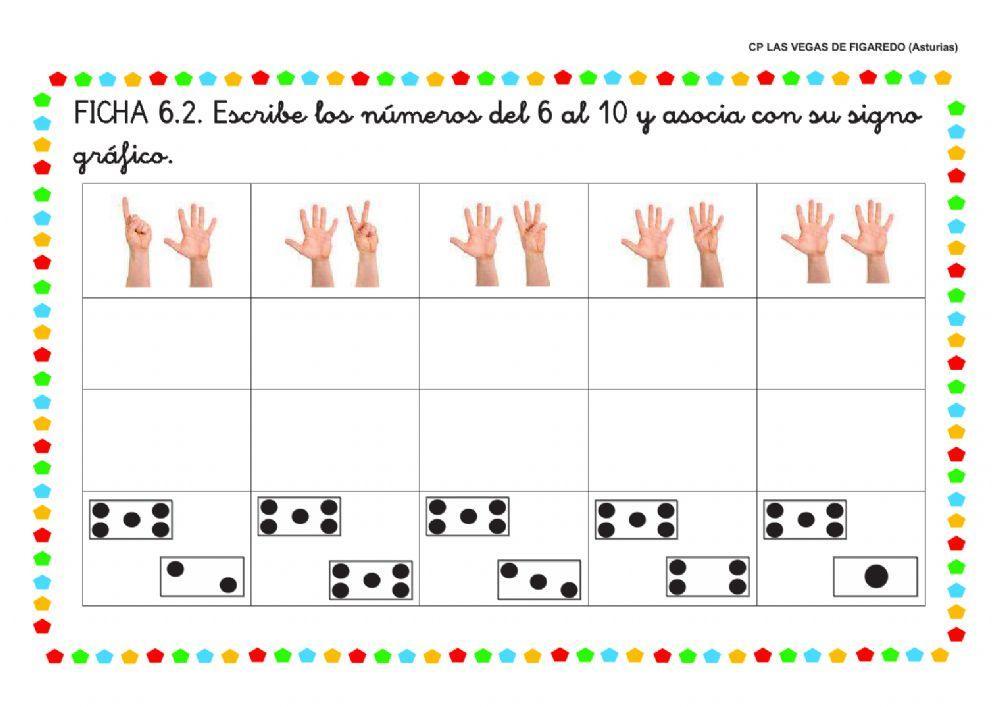 Correspondencia grafia cantidad del 6 al 10: números, manos, puntos