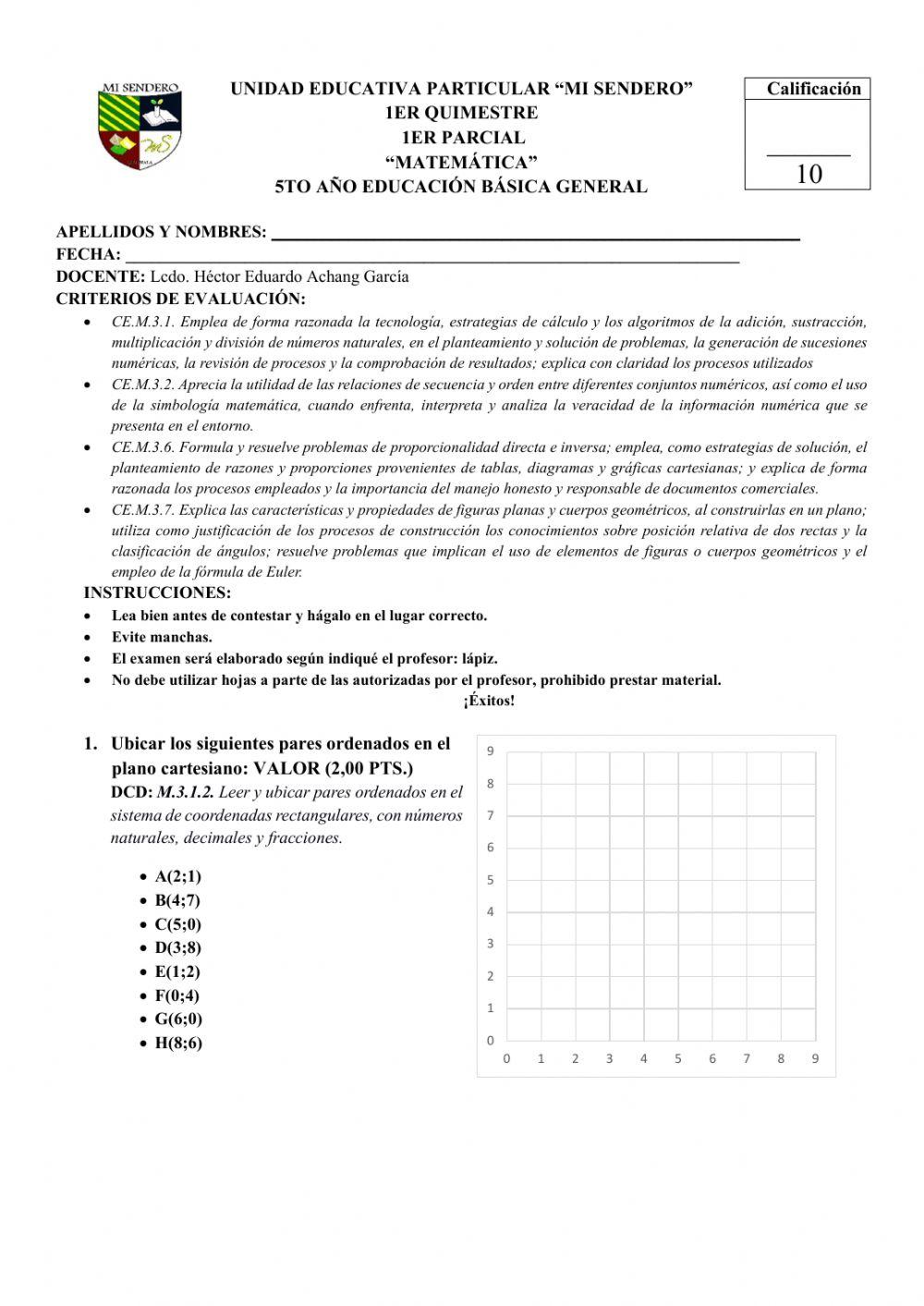 Examen 1er Parcial 5to Matemática
