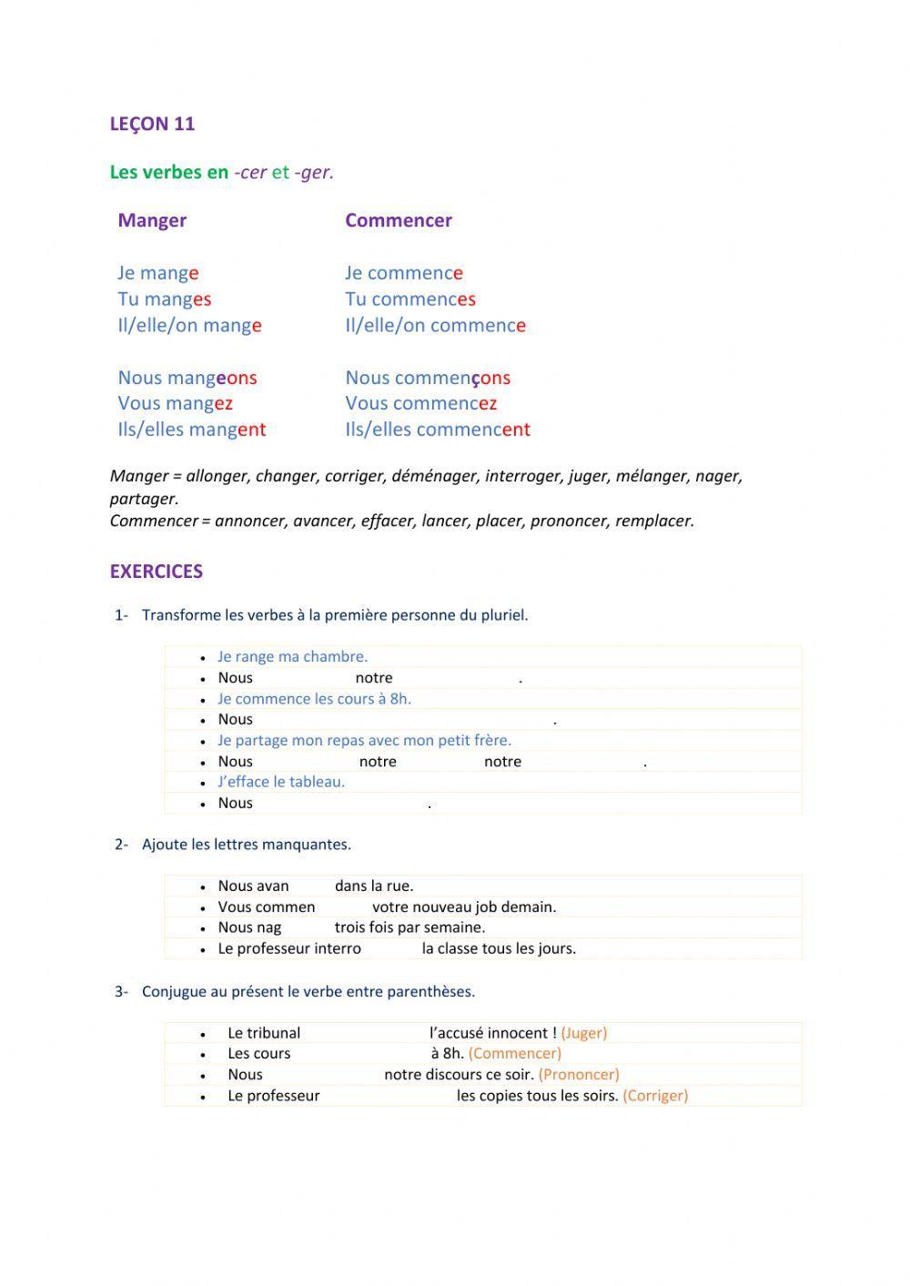 LEÇON 11 : Les verbes en -cer et -ger.