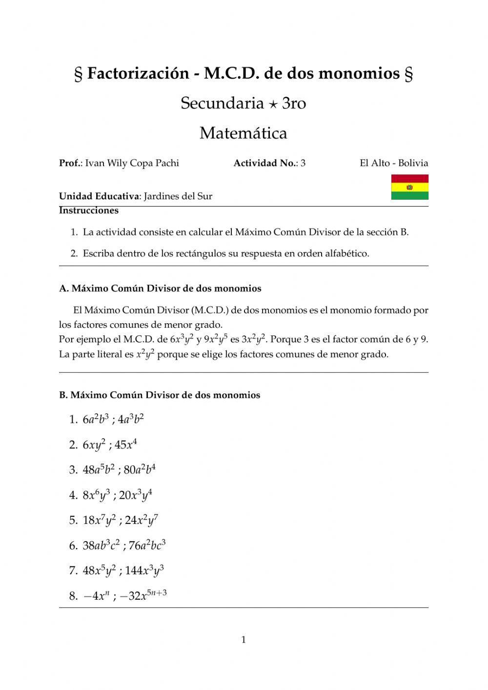 Factorización - Máximo Común Divisor monomio