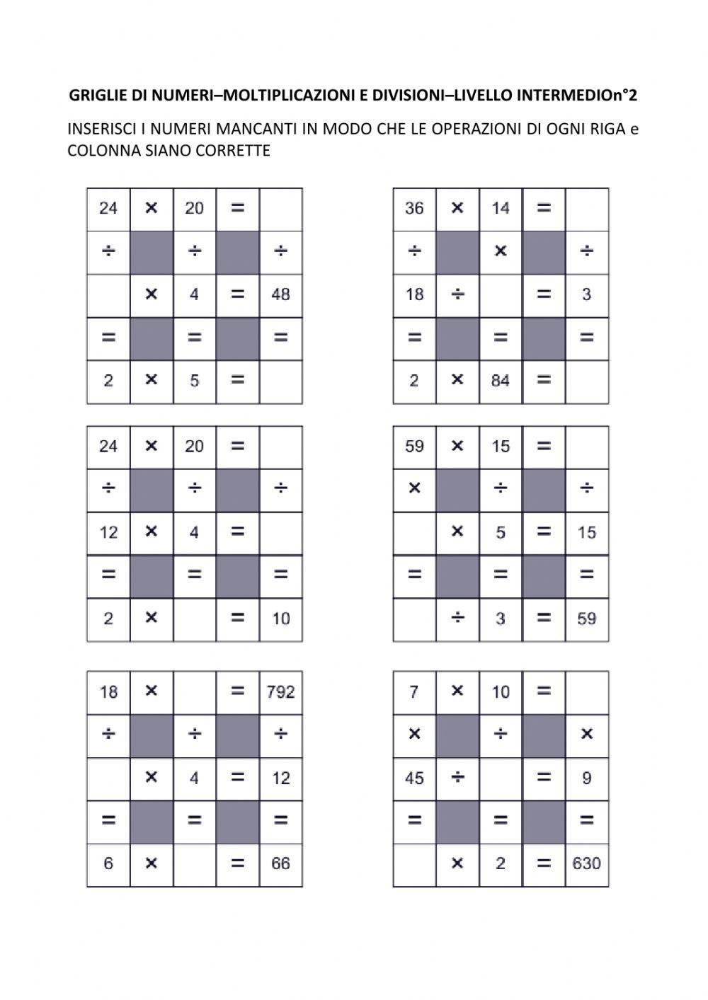 Griglie di numeri - Moltiplicazioni e Divisioni - Livello intermedio n°2