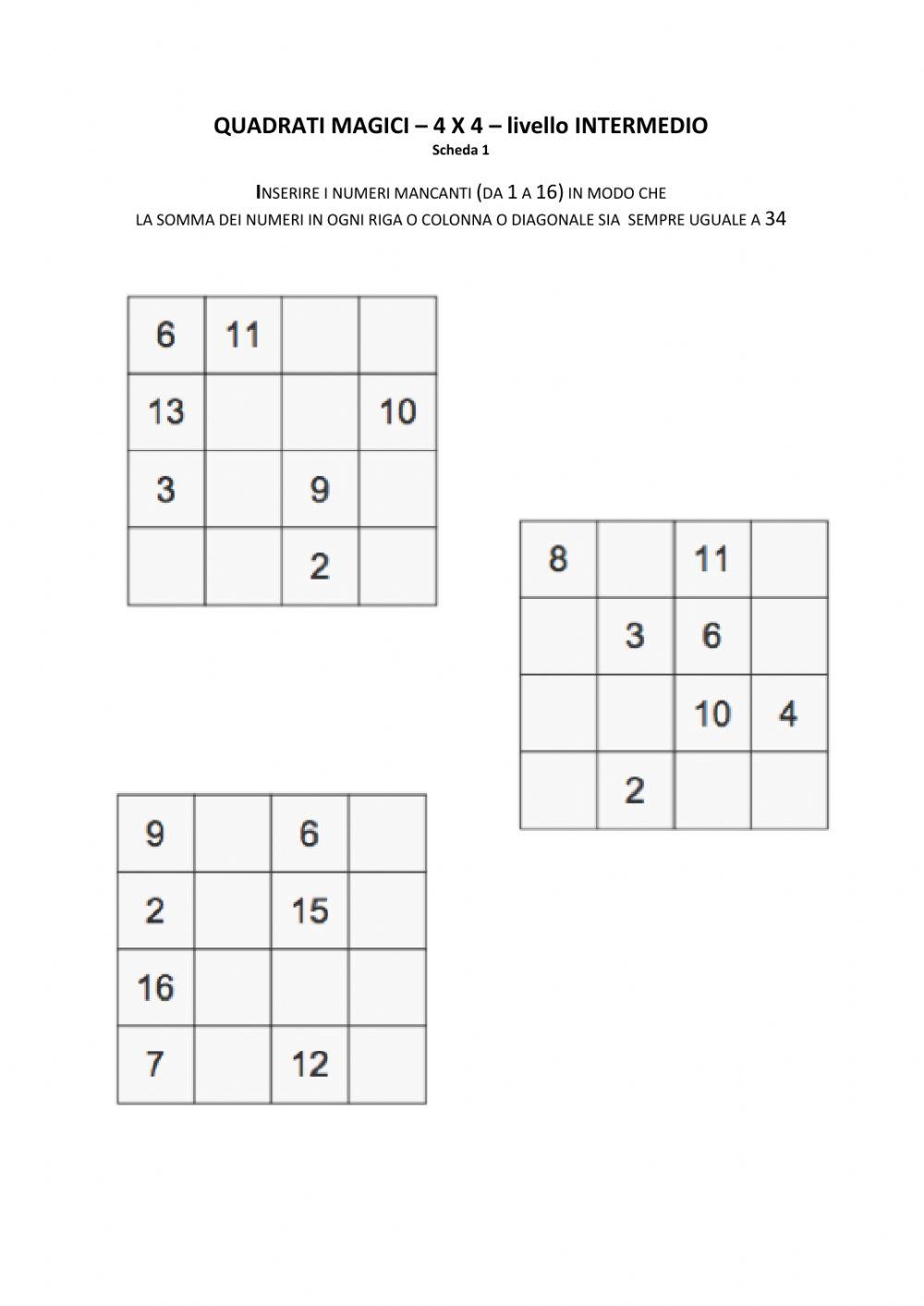 Quadrati magici - 4x4 - livello INTERMEDIO - n.1