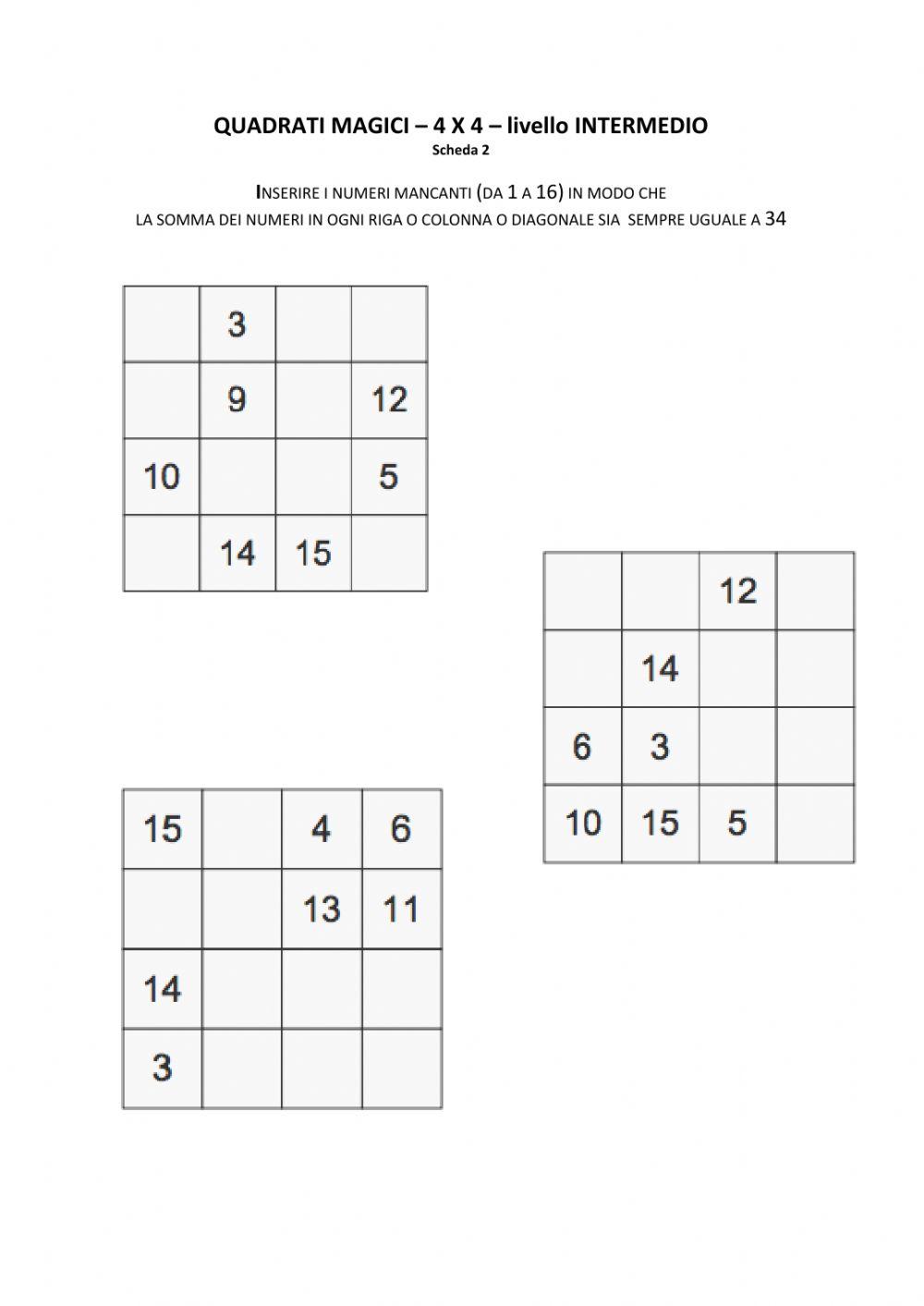 Quadrati magici - 4x4 - livello INTERMEDIO - n.2