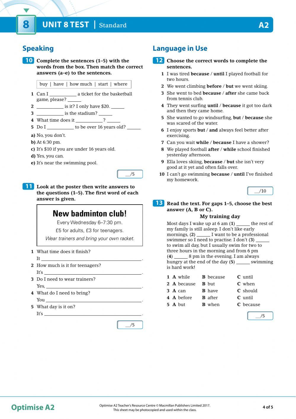 Optimise A2 UNIT TEST 8 READING