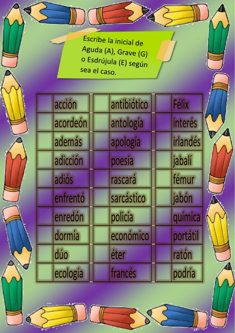 Hiatos, diptongos, esdrújulas, graves y agudas.