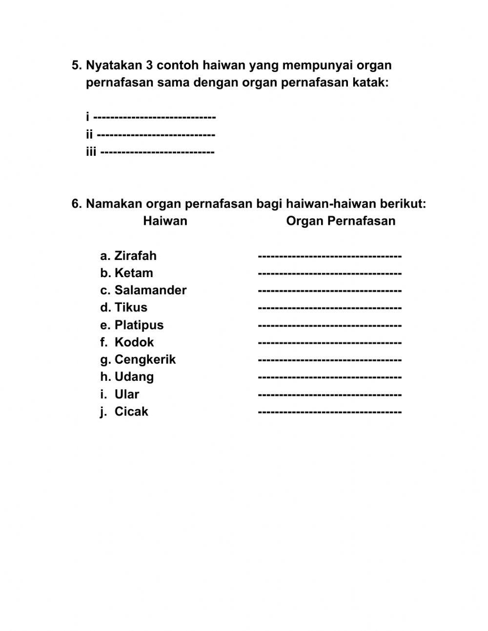 Kuiz Organ Pernafasan Haiwan dan Haiwan Vertebrata