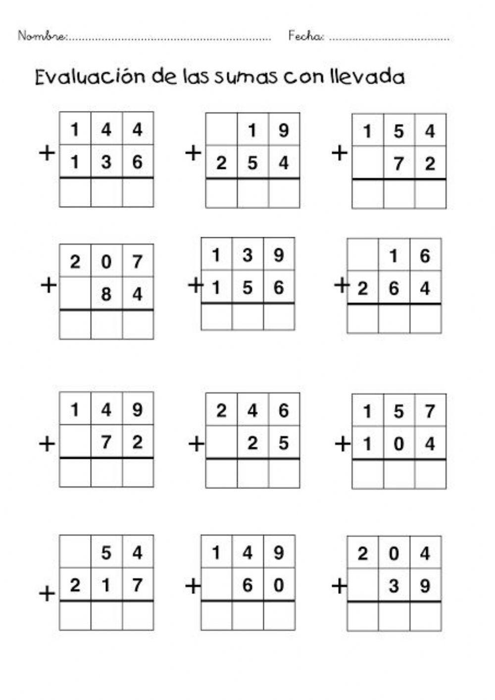 Ejercicios de suma con llevada