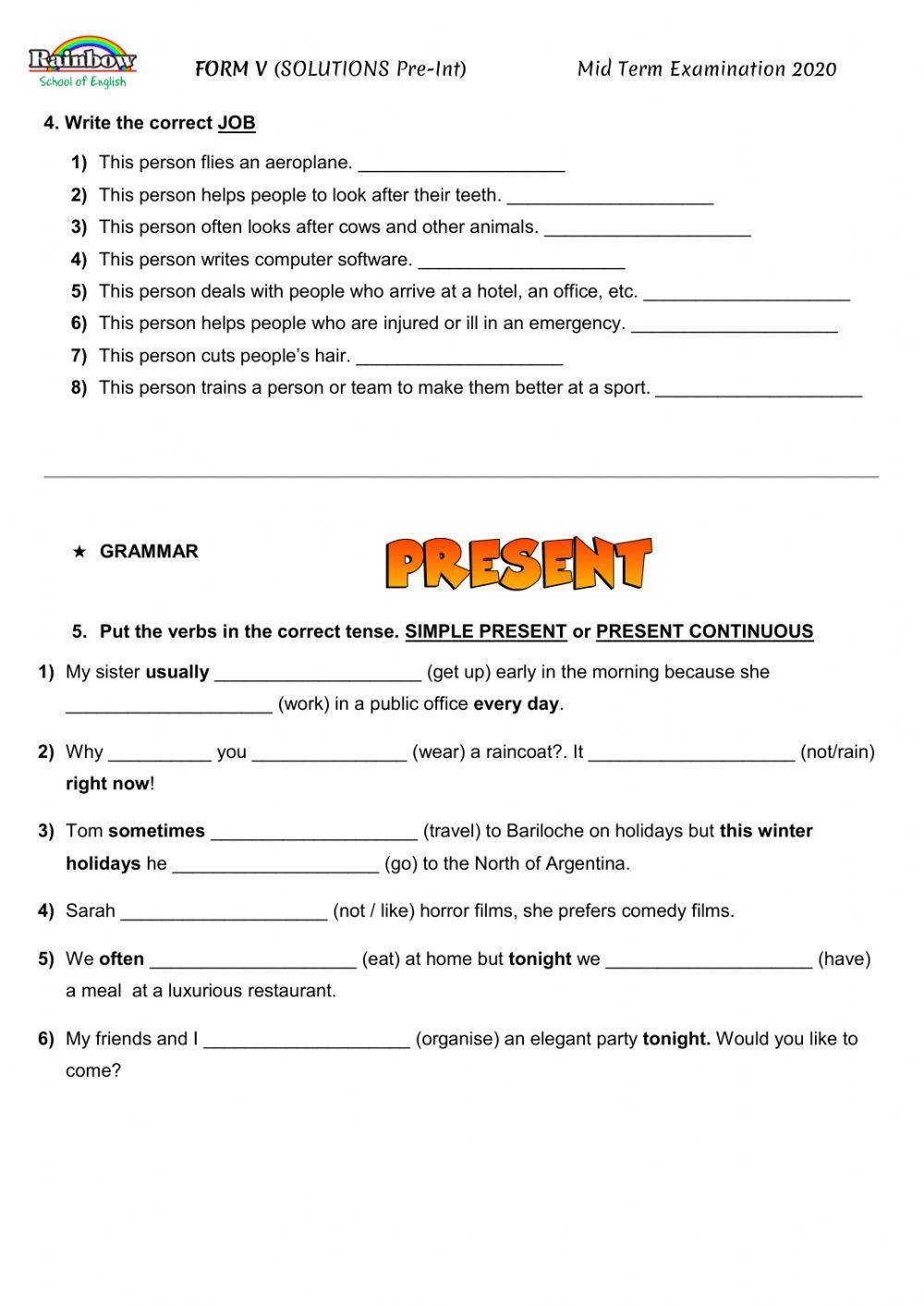 English Language -mid term Form V
