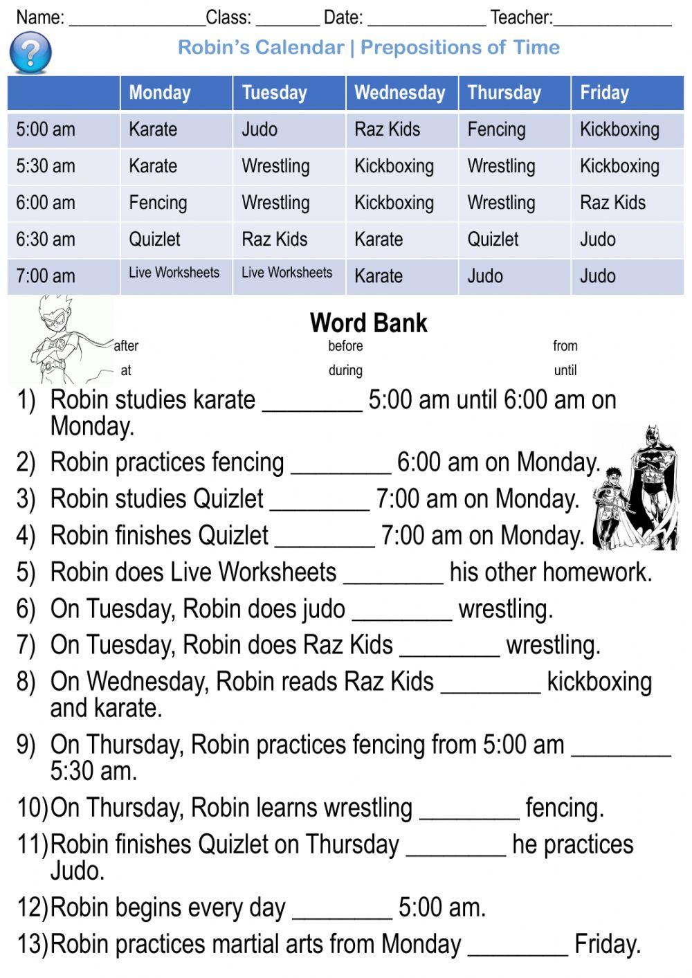 Robin's Schedule - Prepositions of time