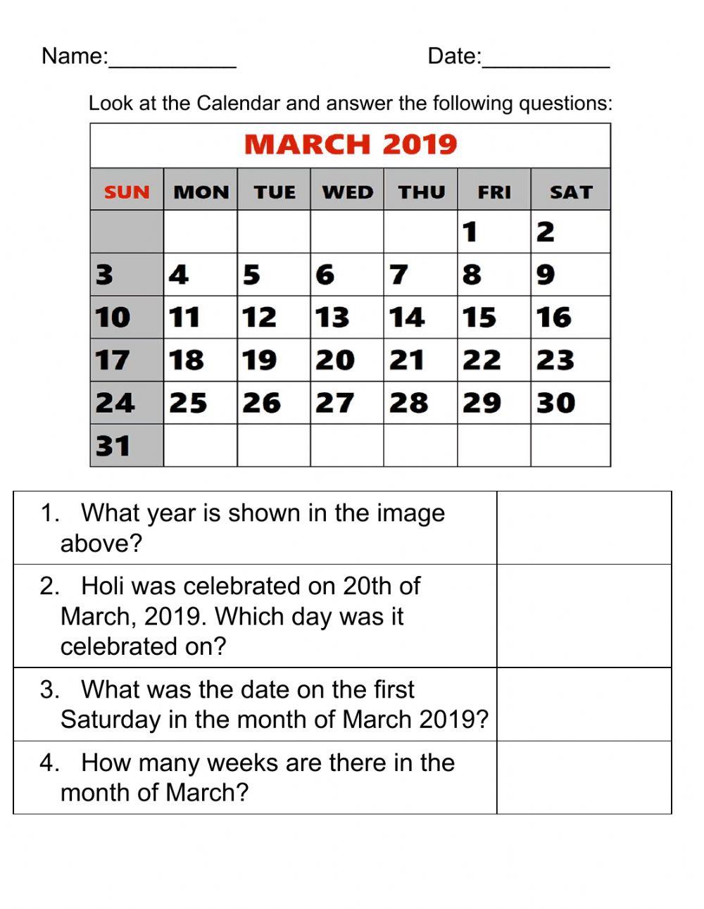 Reading a calendar worksheet Live Worksheets