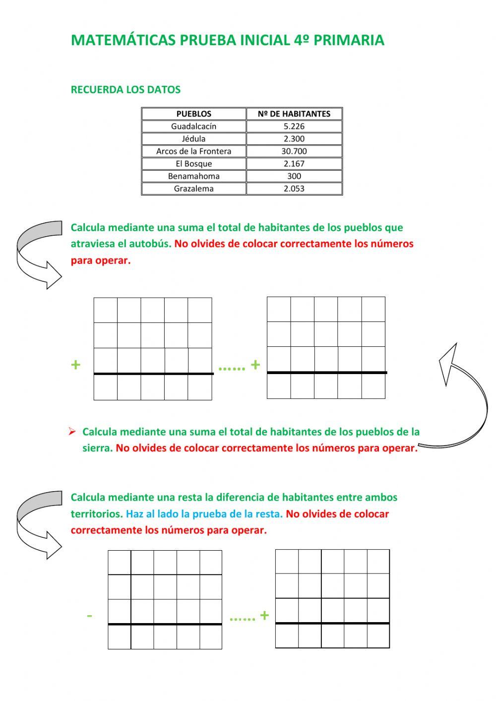 Prueba inicial mates 4º primaria