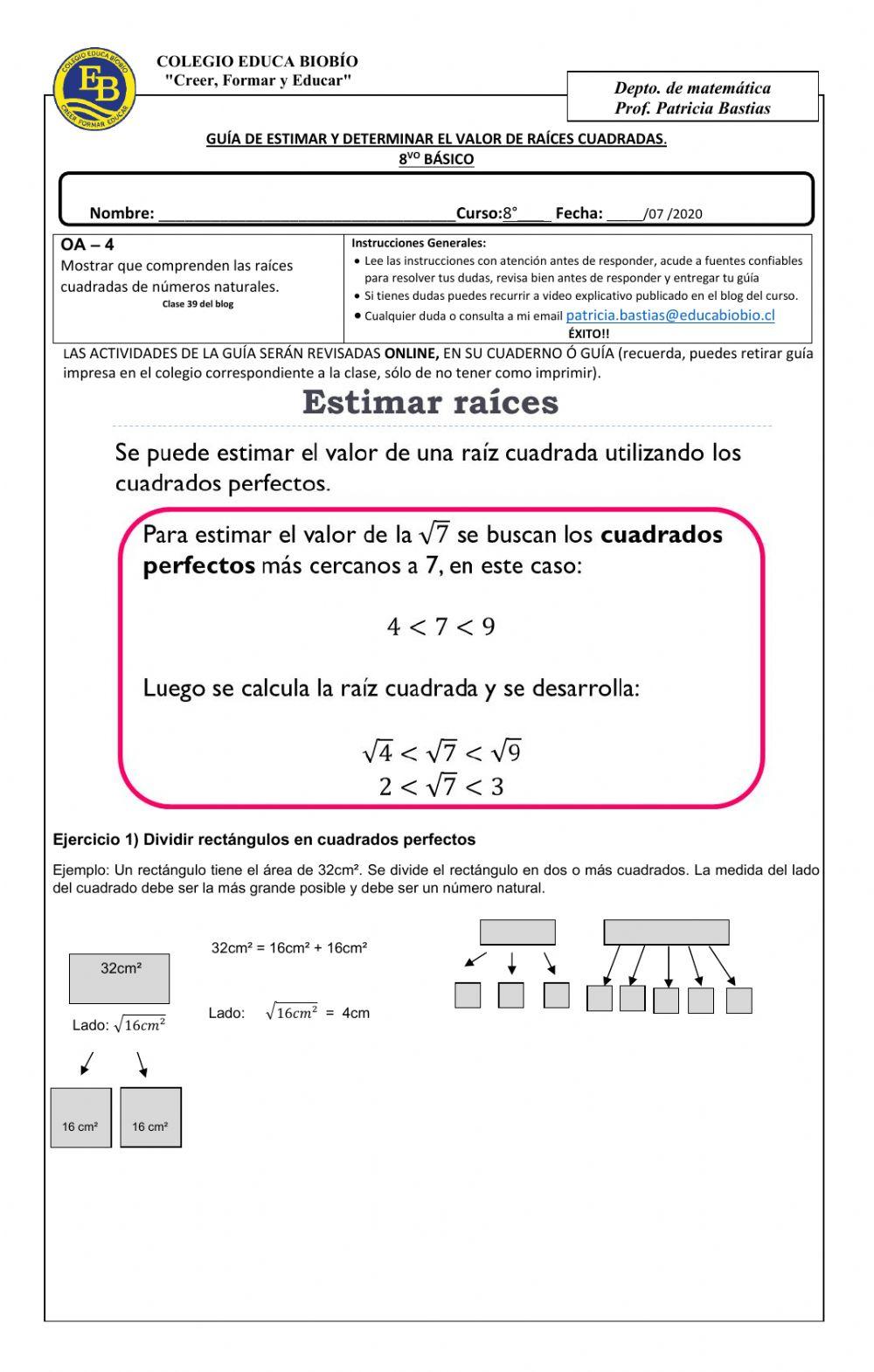 Clase 39 8° Estimar y determinar el valor de raíces cuadradas.