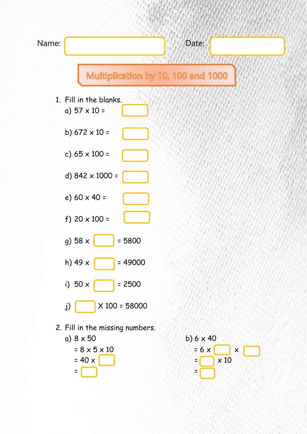 Multiplication by 10, 100 and 1000