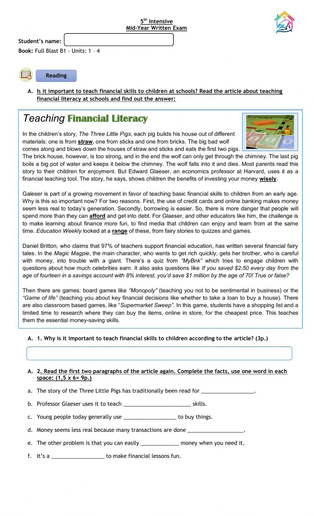 Mid Year Written Exam - Full Blast B1