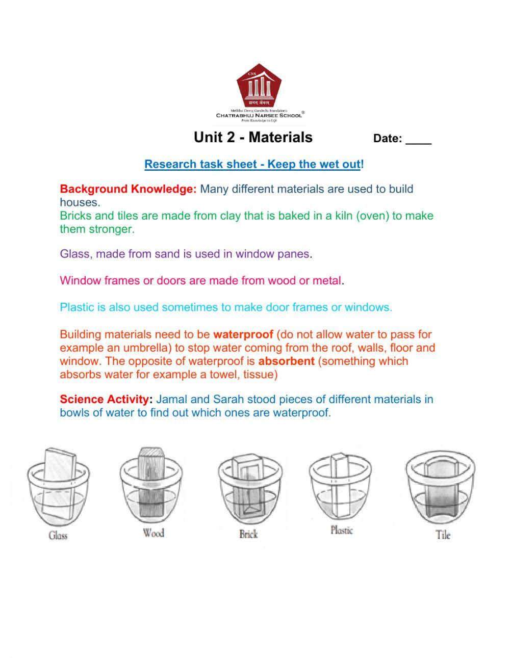 Materials - Keep the wet out! worksheet | Live Worksheets