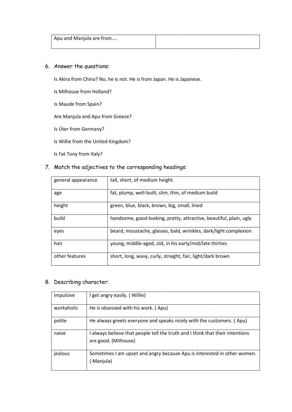 The Simpsons- nationalities, describing people