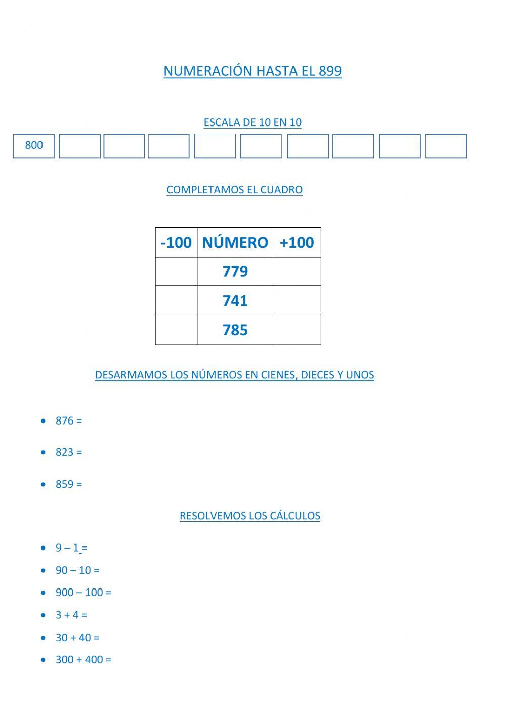 Numeración hasta el 899 - 7 de Julio