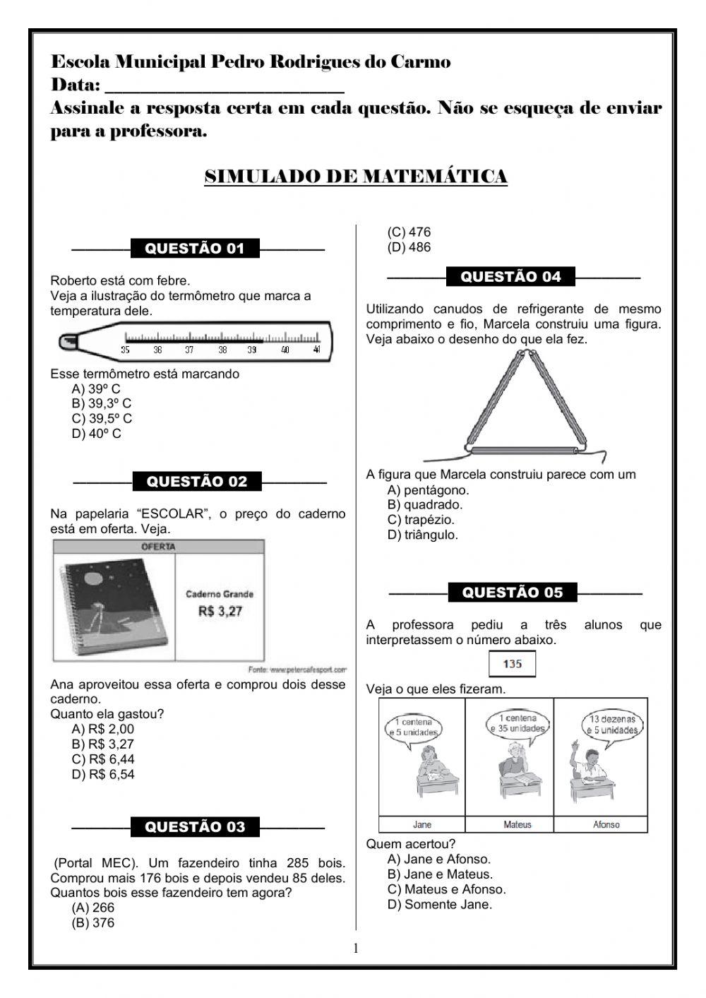 Primeiro Simulado de Matemática