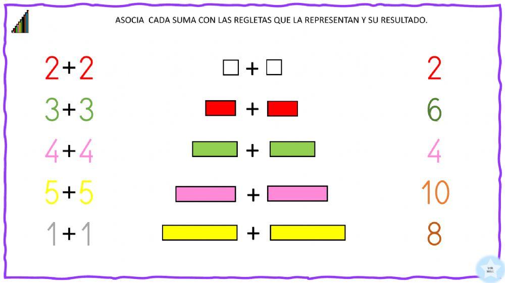 Asocia  cada suma con las regletas que la representan y su resultado.(1)