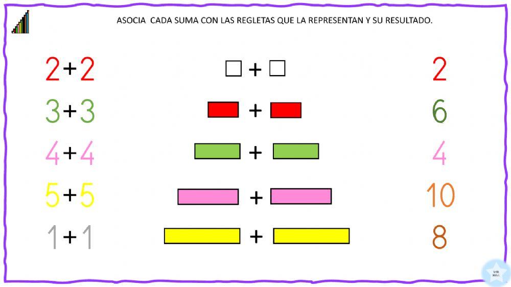 Asocia  cada suma con las regletas que la representan y su resultado.(1)