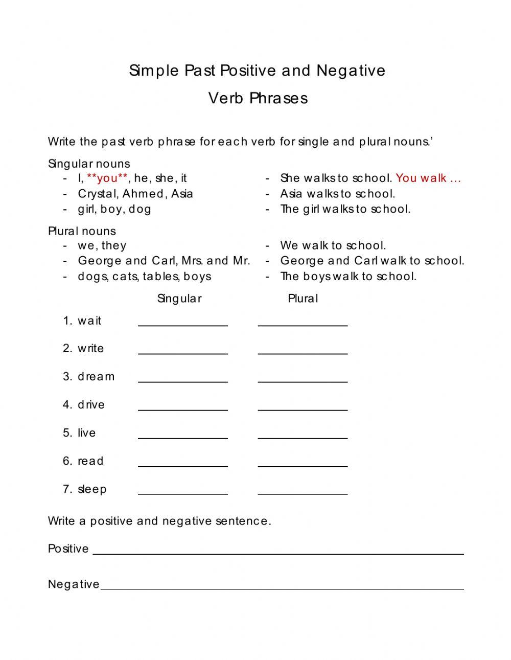 Past simple verb phrase with pronoun - singular and plural