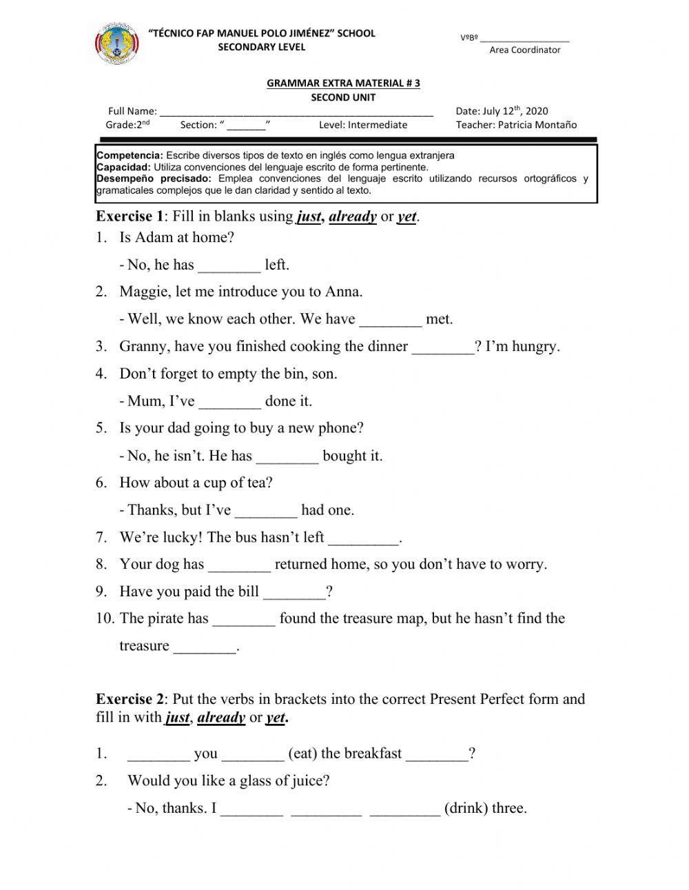 Present perfect with yet just already