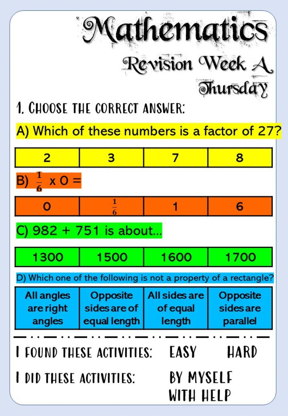 Revision Week A - Math 6 - Thursday